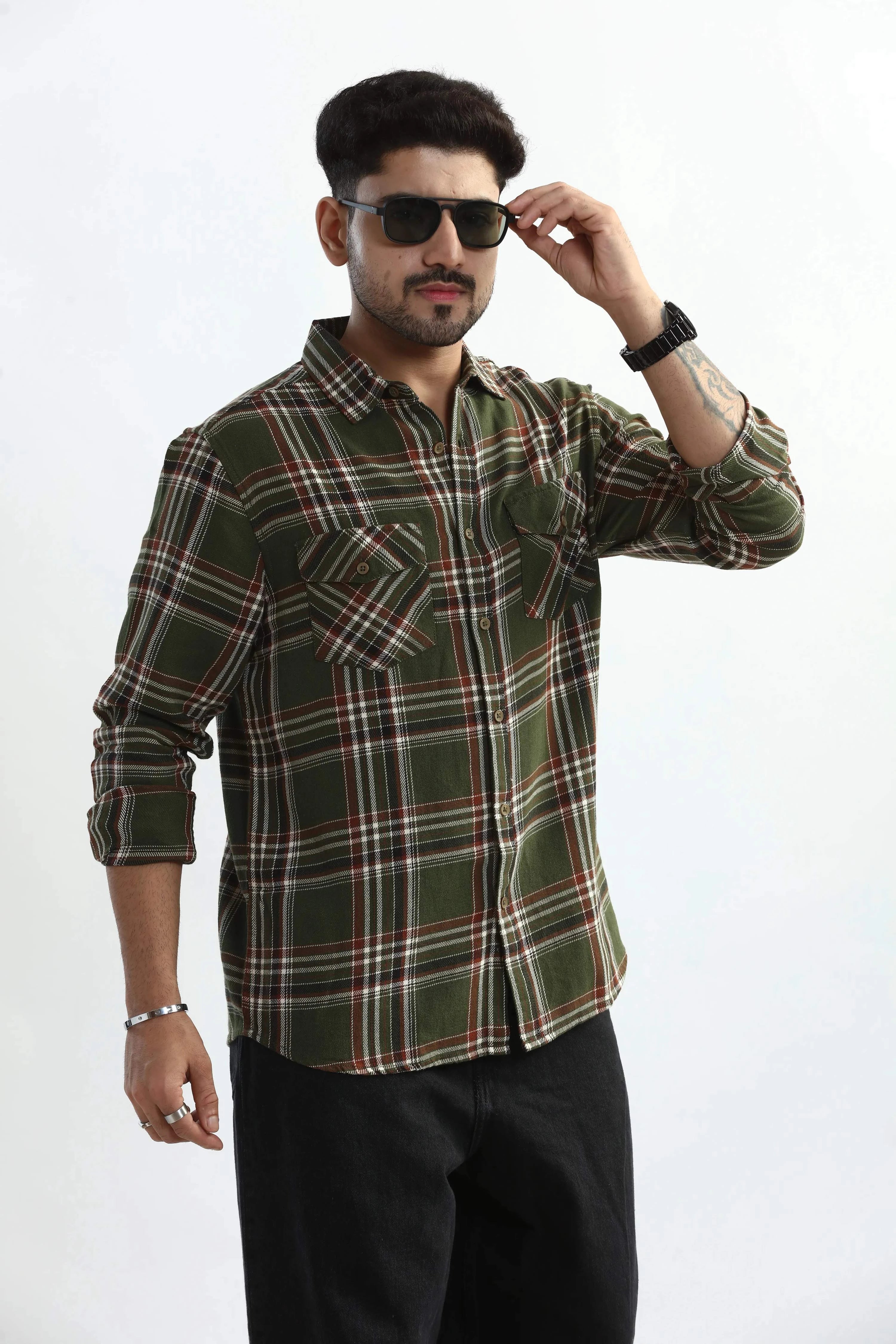 Xkind Mens'S Olive Green Textured Checks Regular Fit Shirt