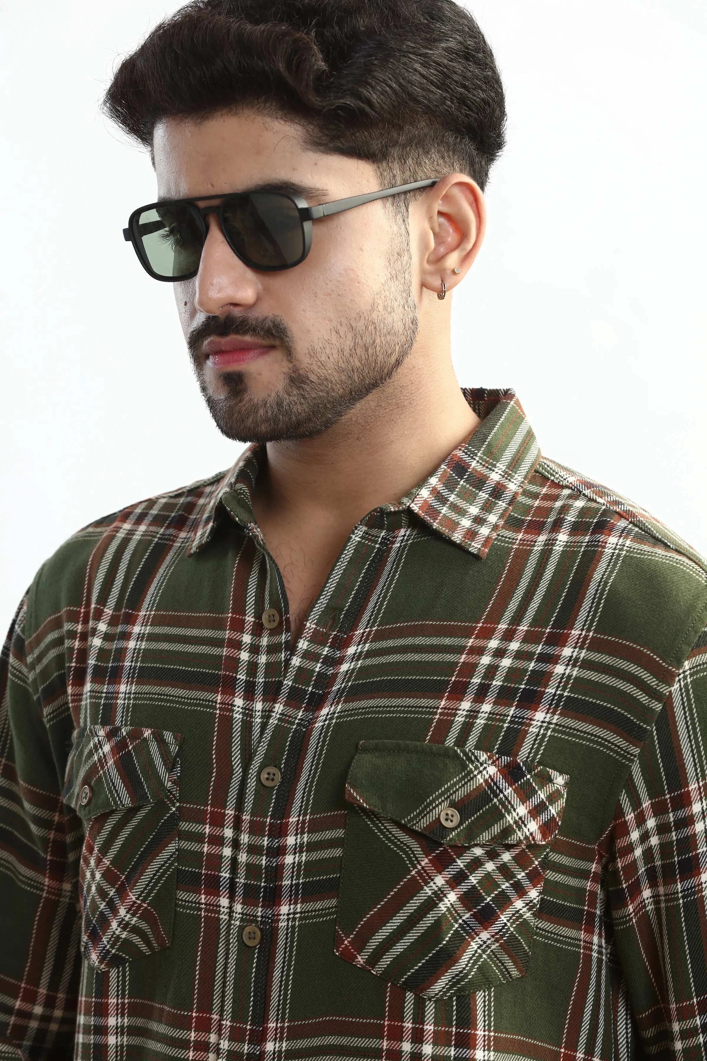 Xkind Mens'S Olive Green Textured Checks Regular Fit Shirt