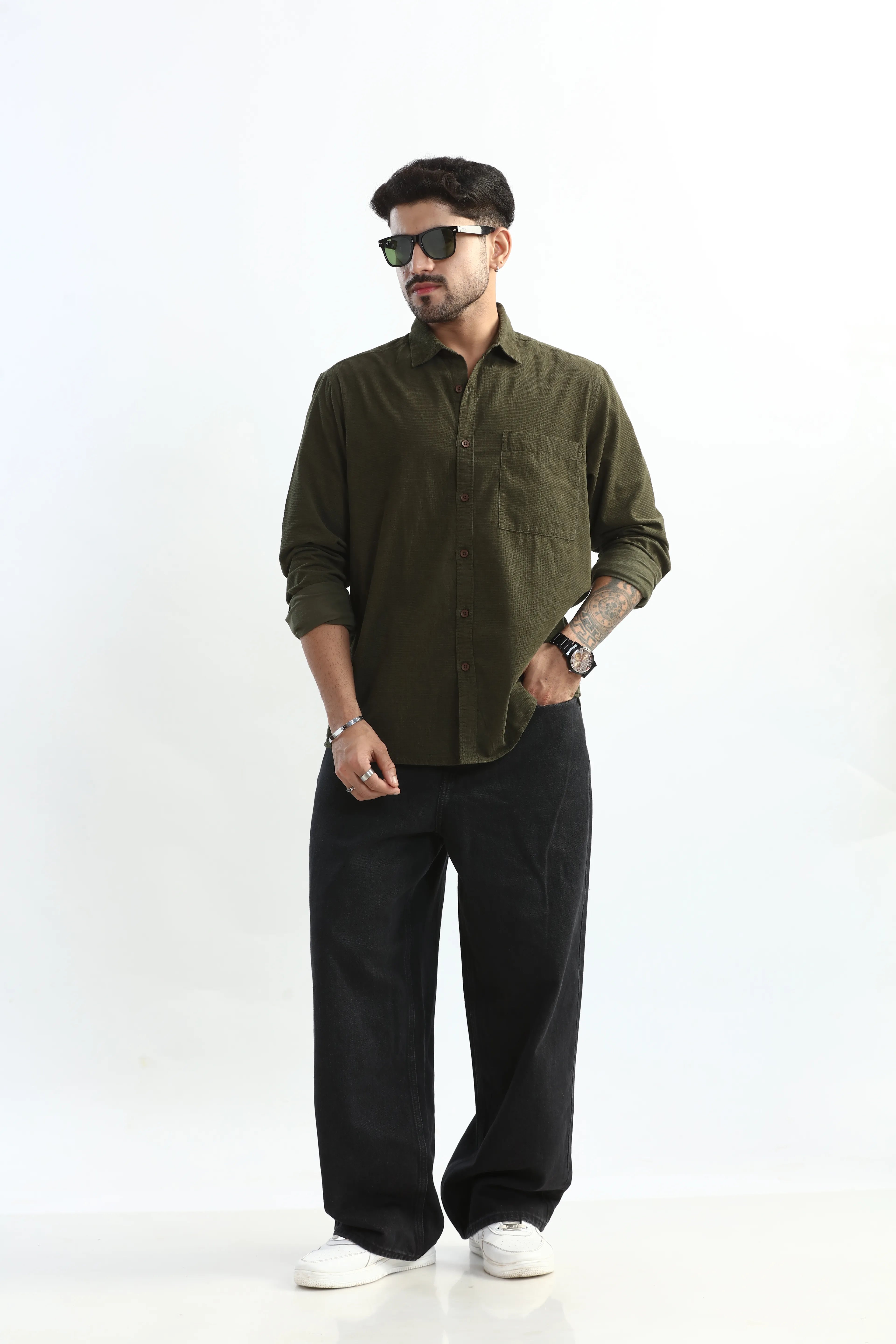 Xkind Olive Green Fine Cord Shirt - Distacart