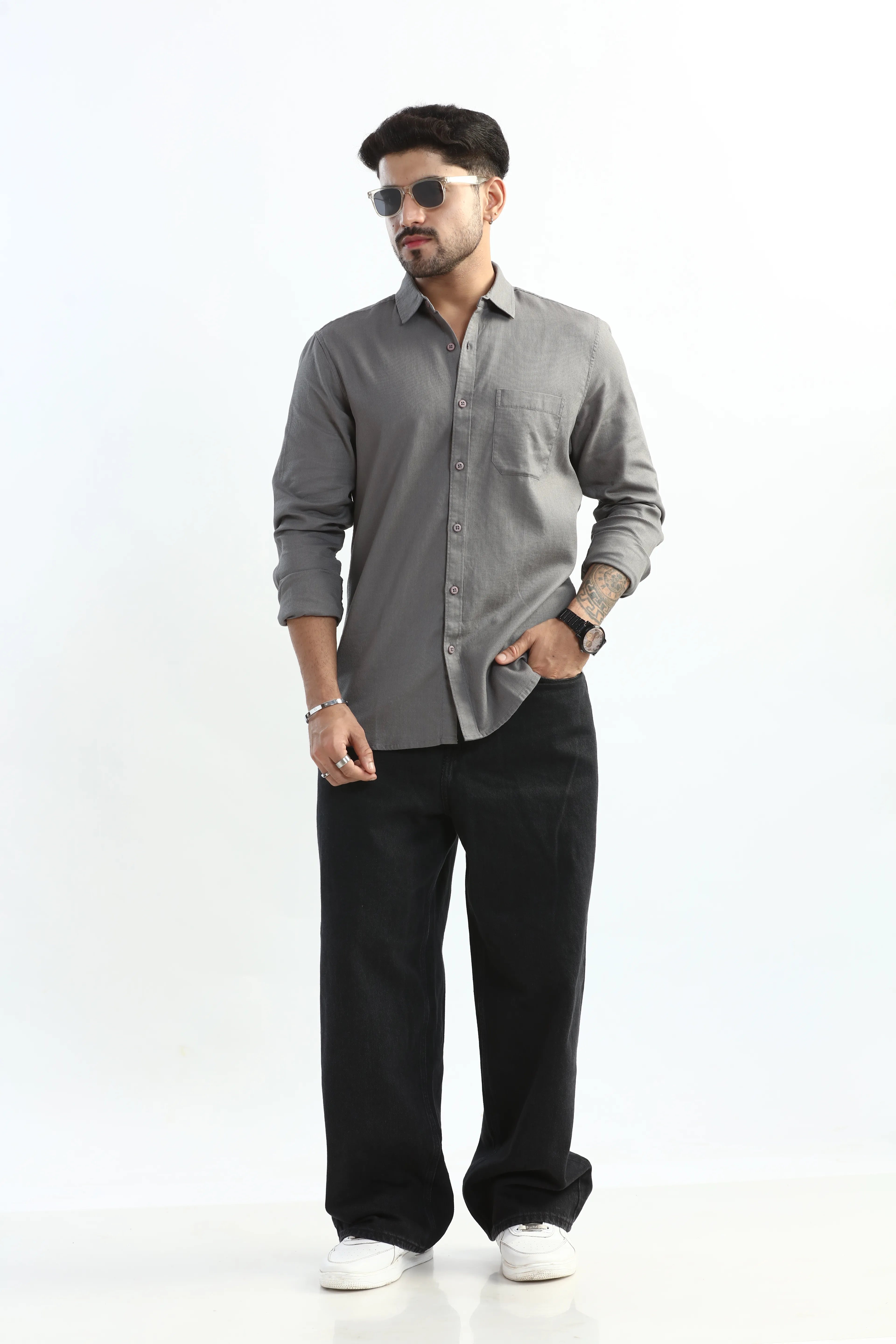 Xkind Light Grey Textured Slim Fit Shirt