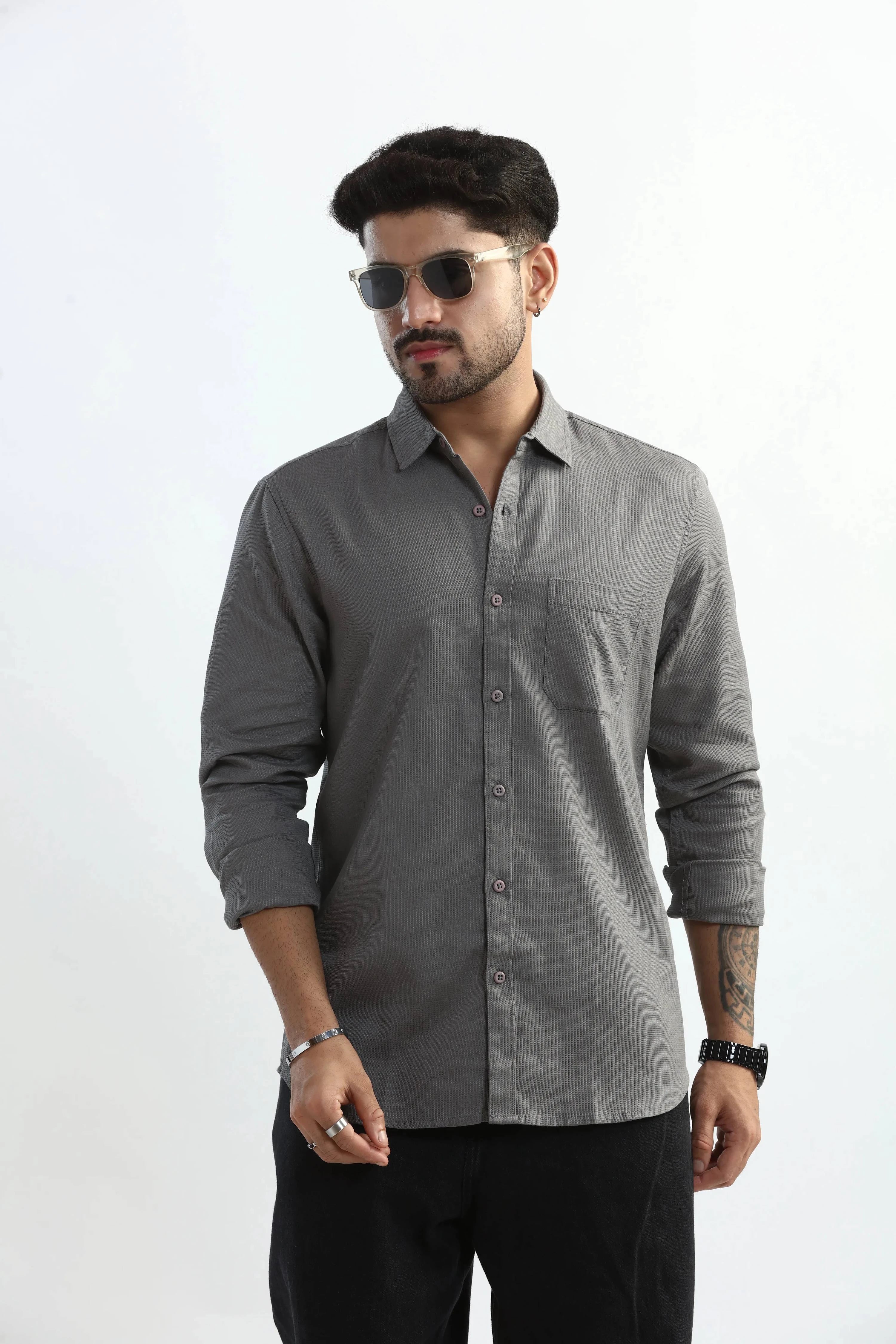 Xkind Light Grey Textured Slim Fit Shirt