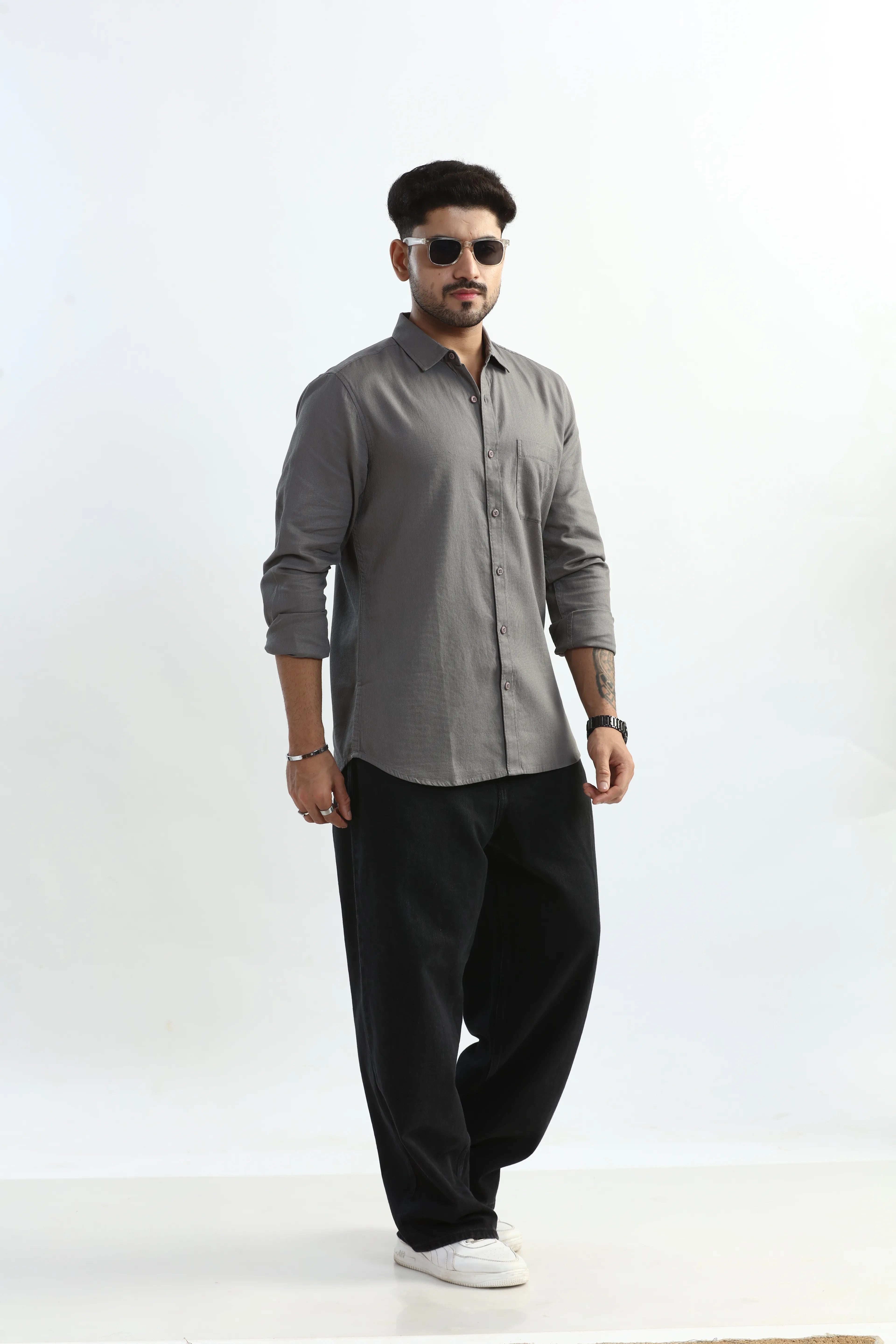 Xkind Light Grey Textured Slim Fit Shirt