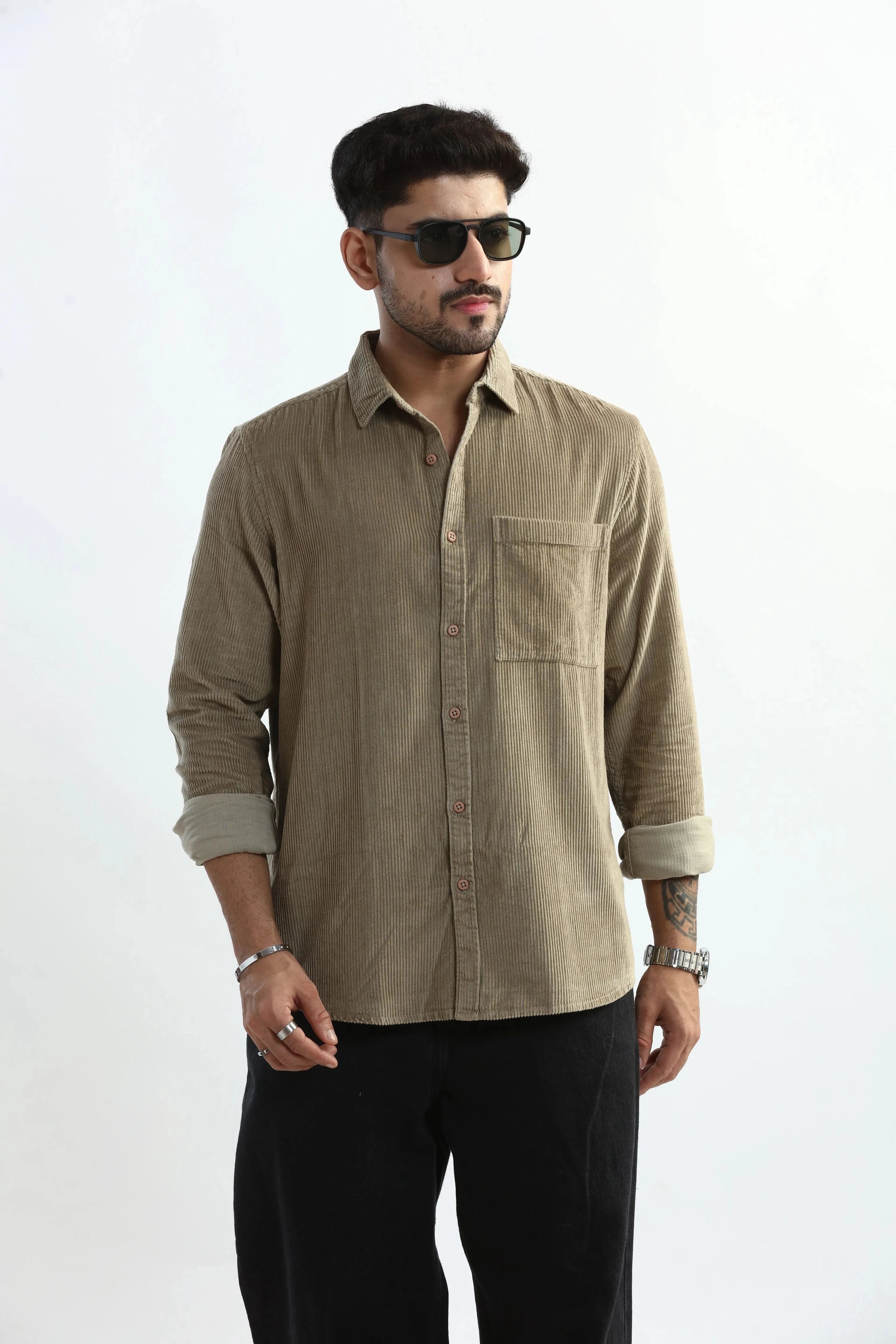 Xkind Men's Beige Corduroy Regular Fit Shirt