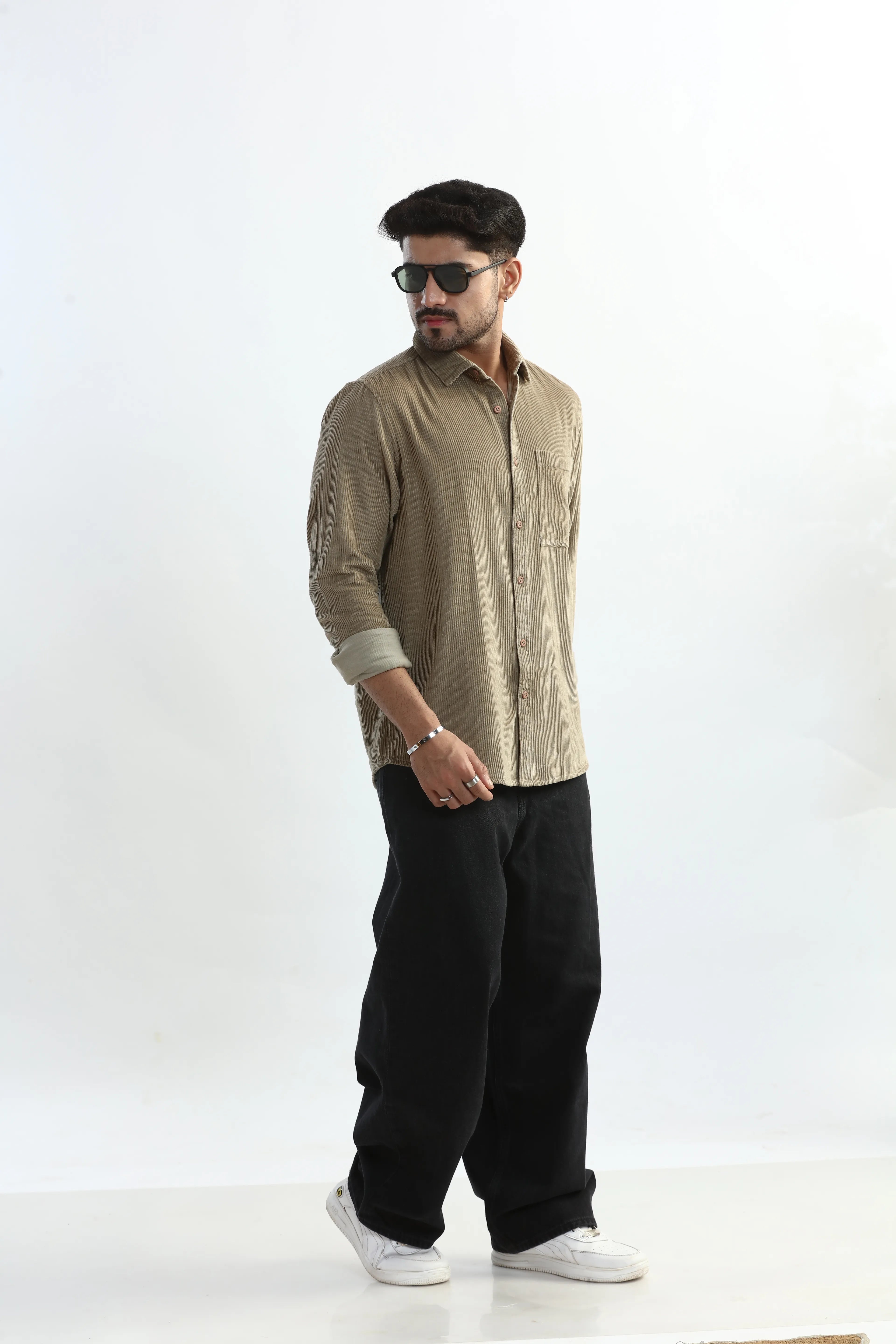 Xkind Men's Beige Corduroy Regular Fit Shirt