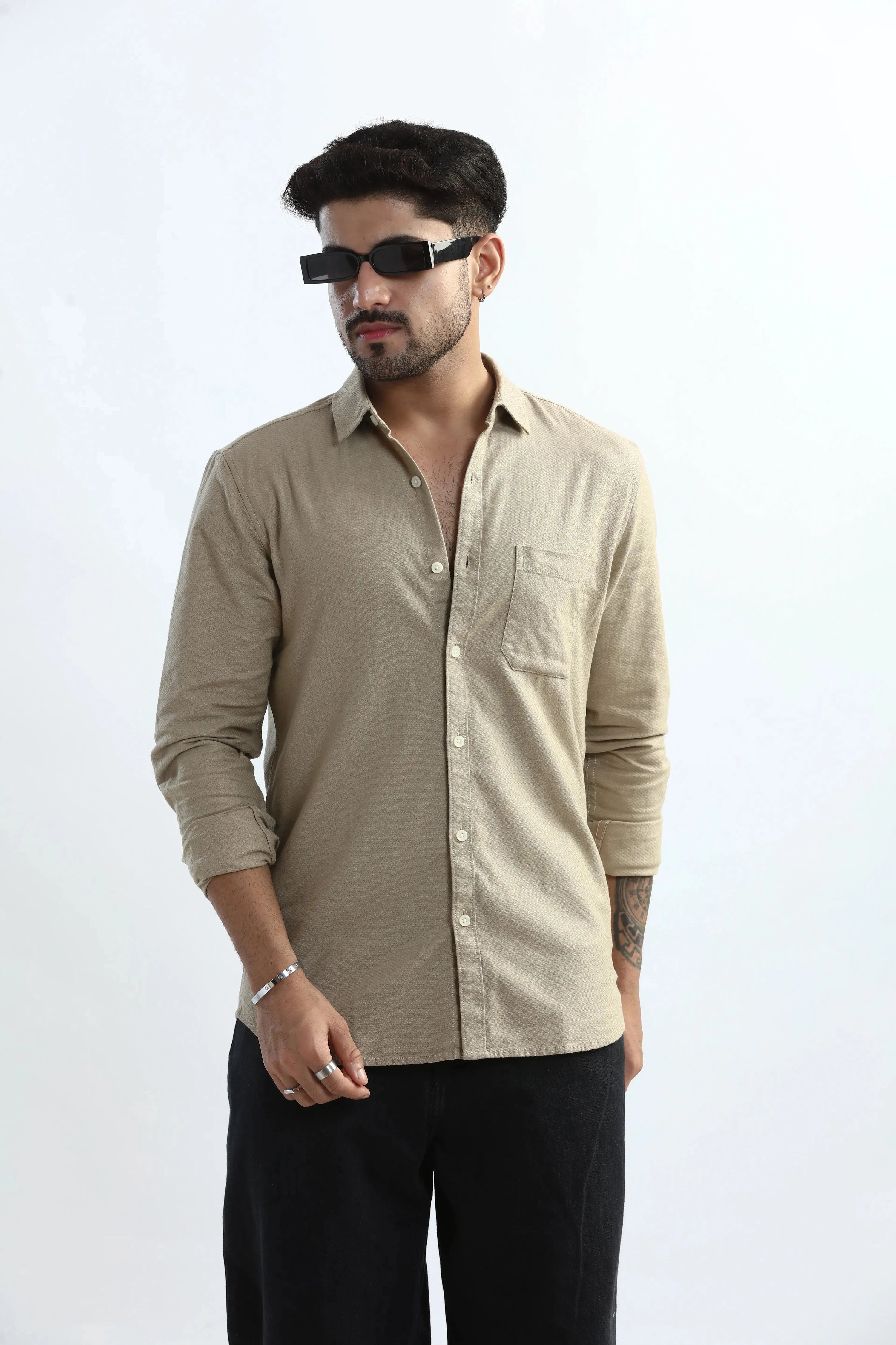 Xkind Men's Beige Textured Slim Fit Shirt