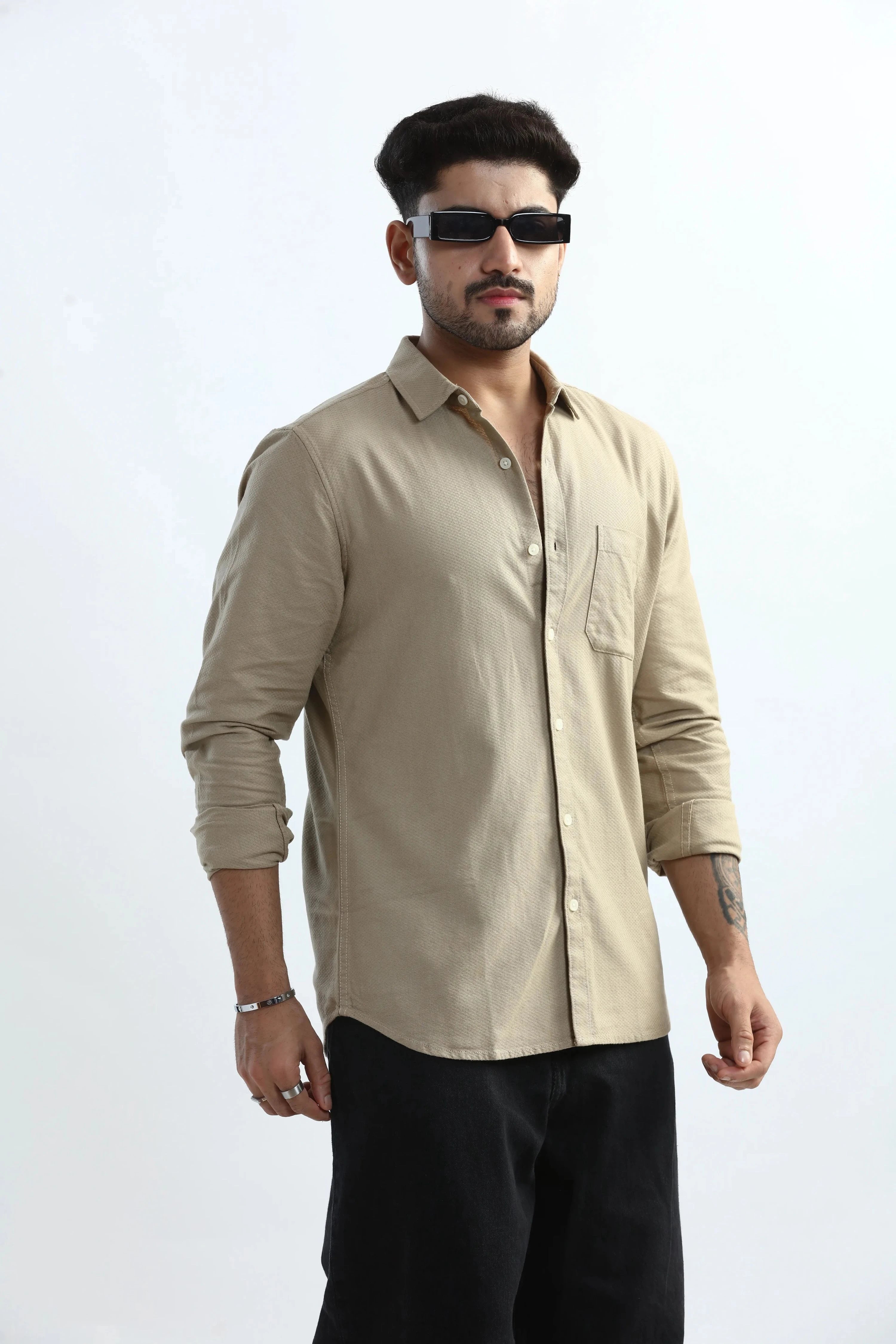 Xkind Men's Beige Textured Slim Fit Shirt