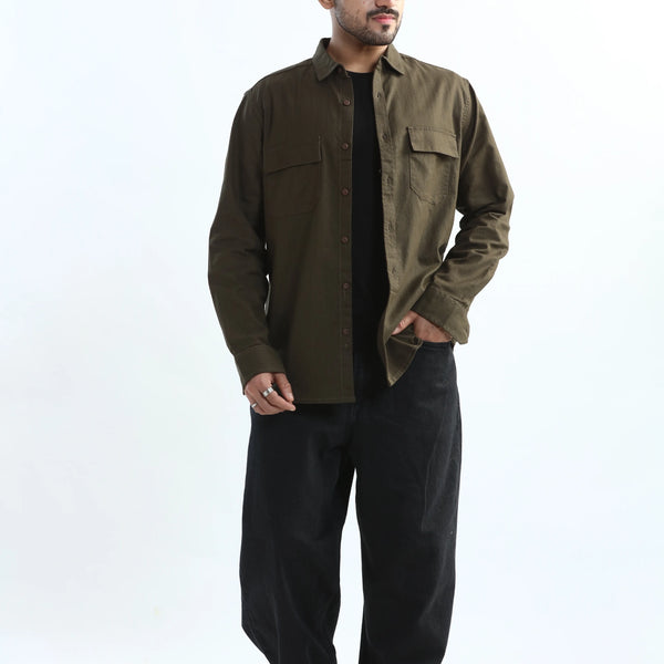 Xkind Dark Olive Green Textured Regular Fit Shirt
