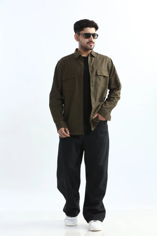 Xkind Dark Olive Green Textured Regular Fit Shirt