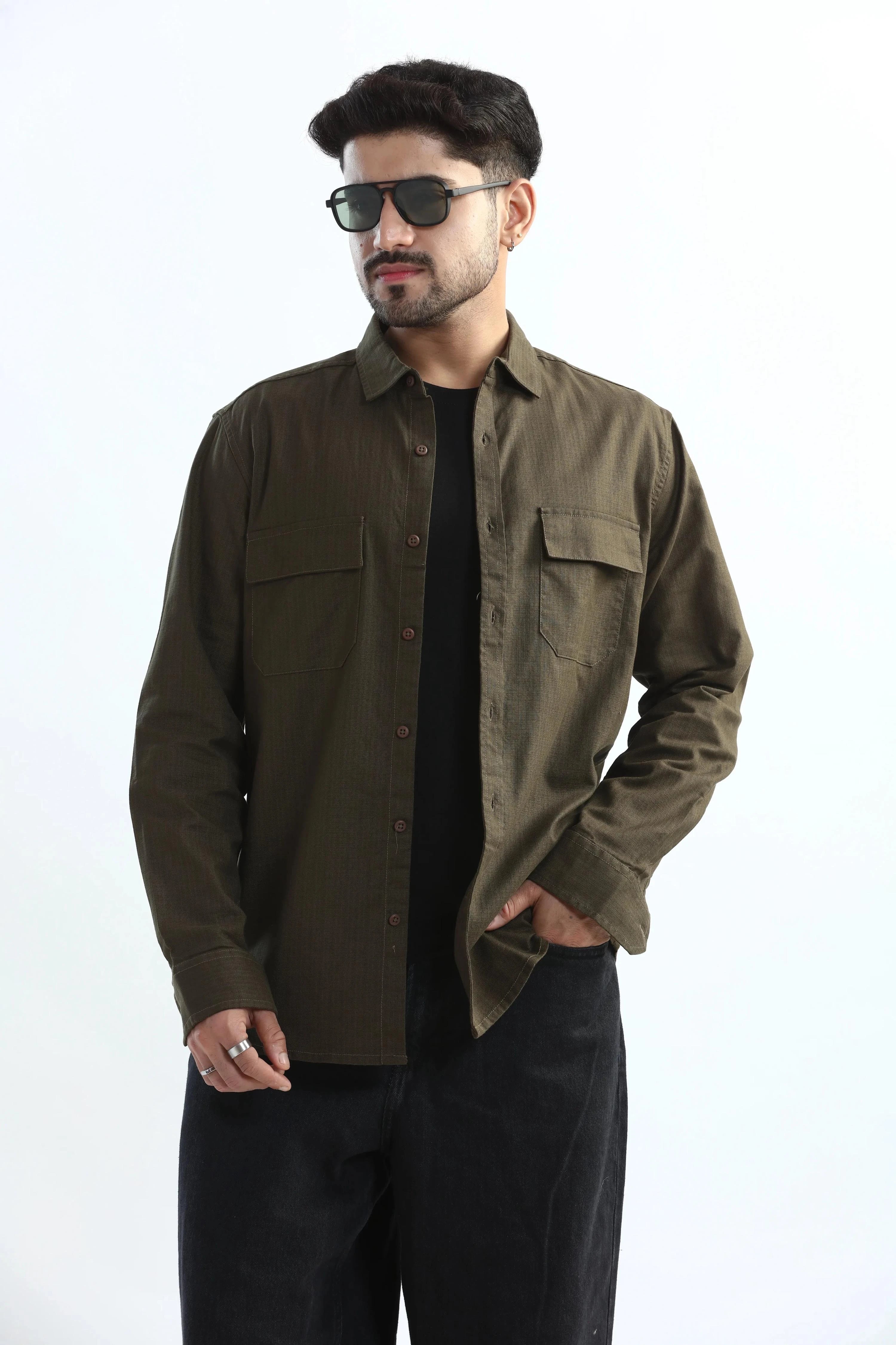 Xkind Dark Olive Green Textured Regular Fit Shirt