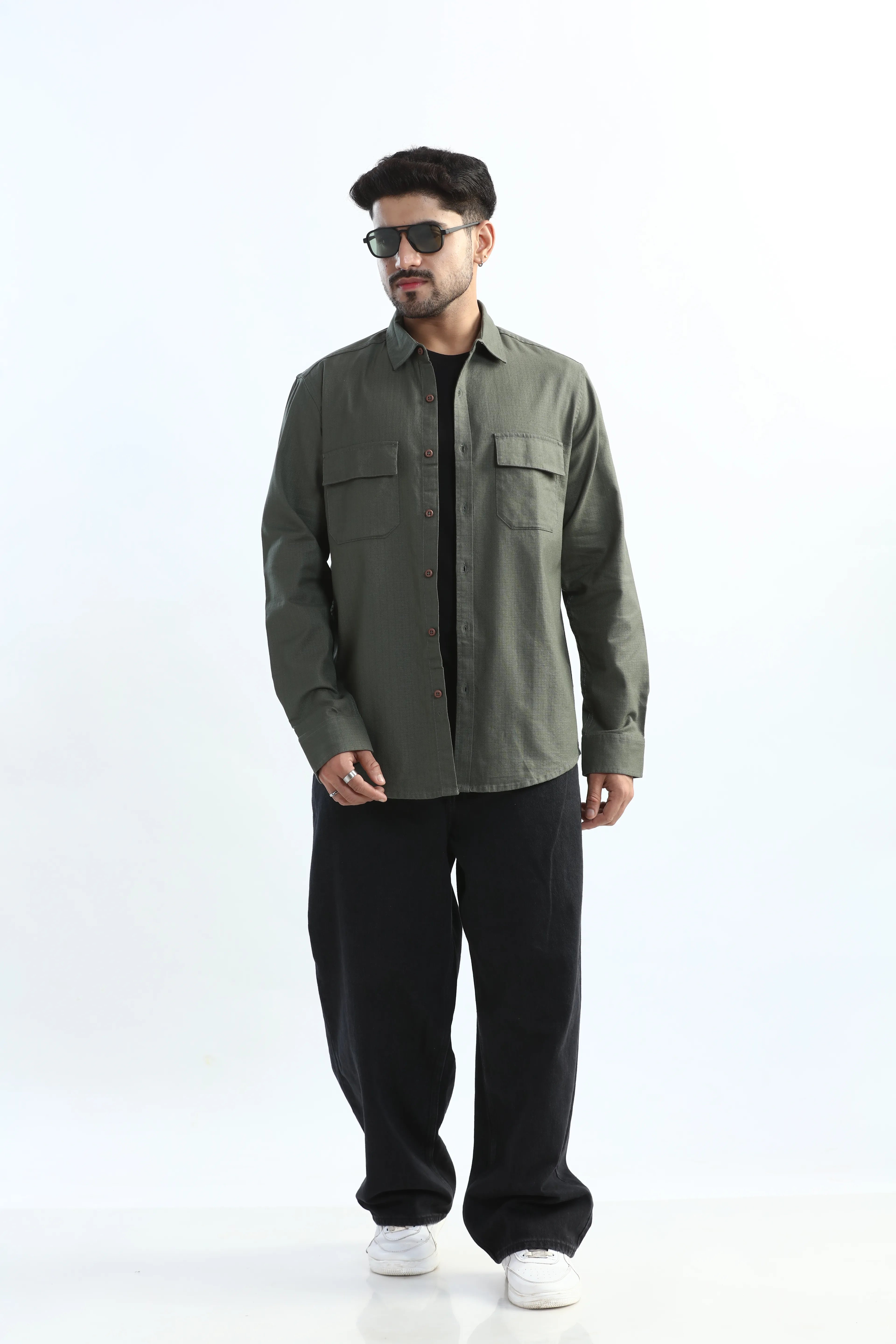 Xkind Dark Green Textured Regular Fit Shirt/ Overshirt