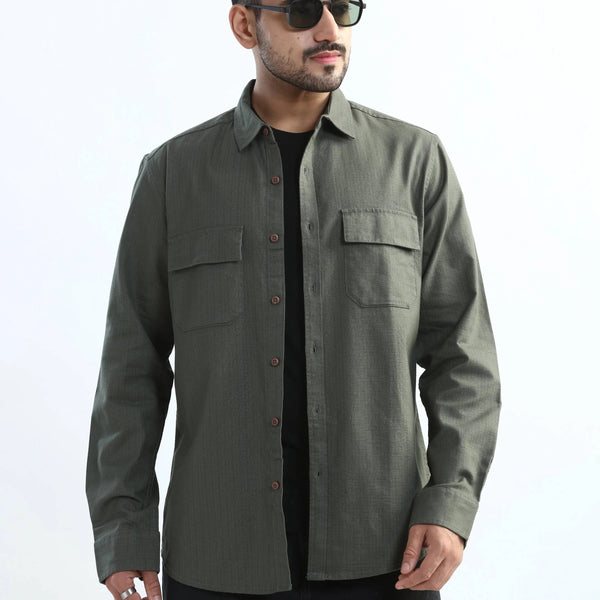 Xkind Dark Green Textured Regular Fit Shirt/ Overshirt