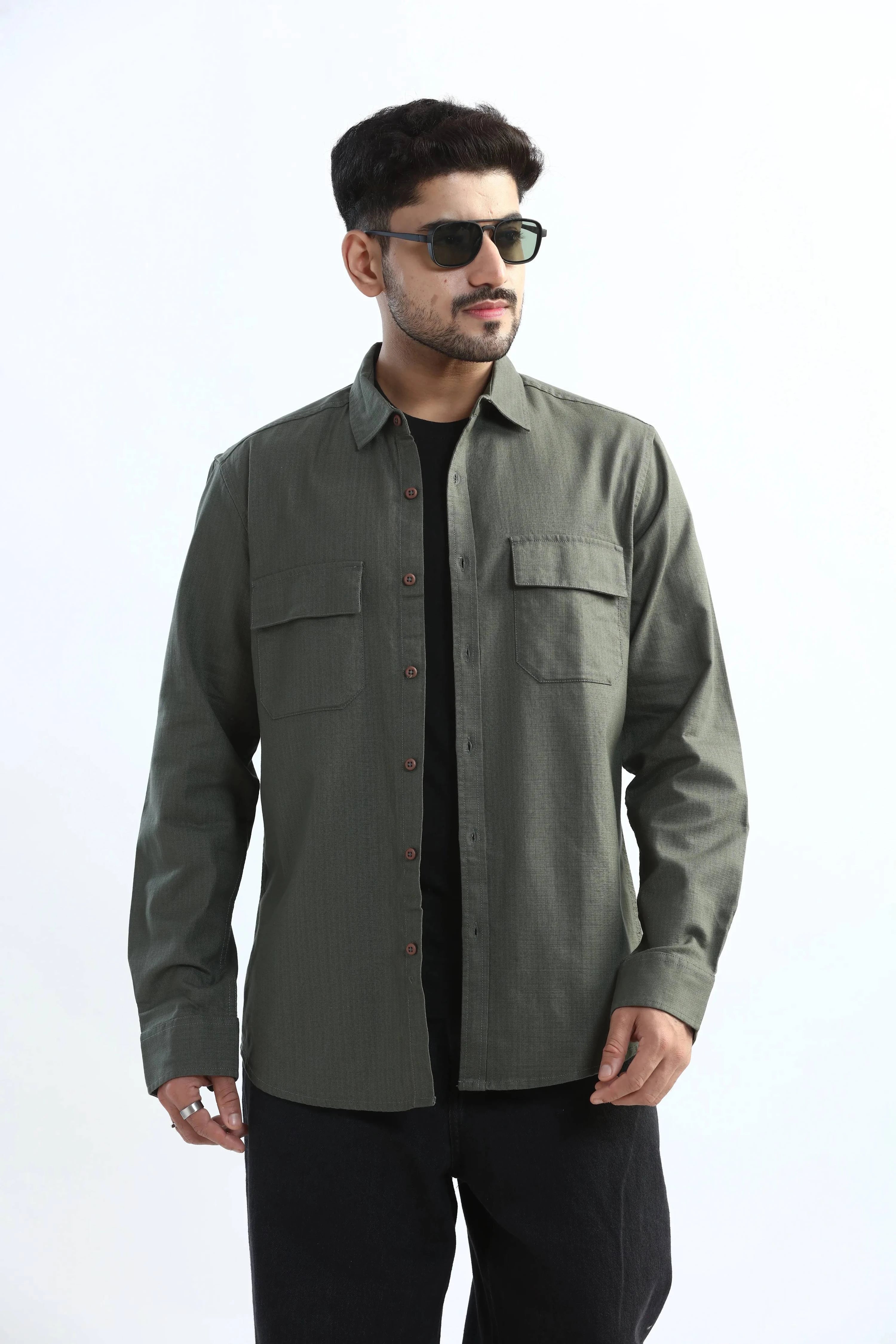 Xkind Dark Green Textured Regular Fit Shirt/ Overshirt - Distacart