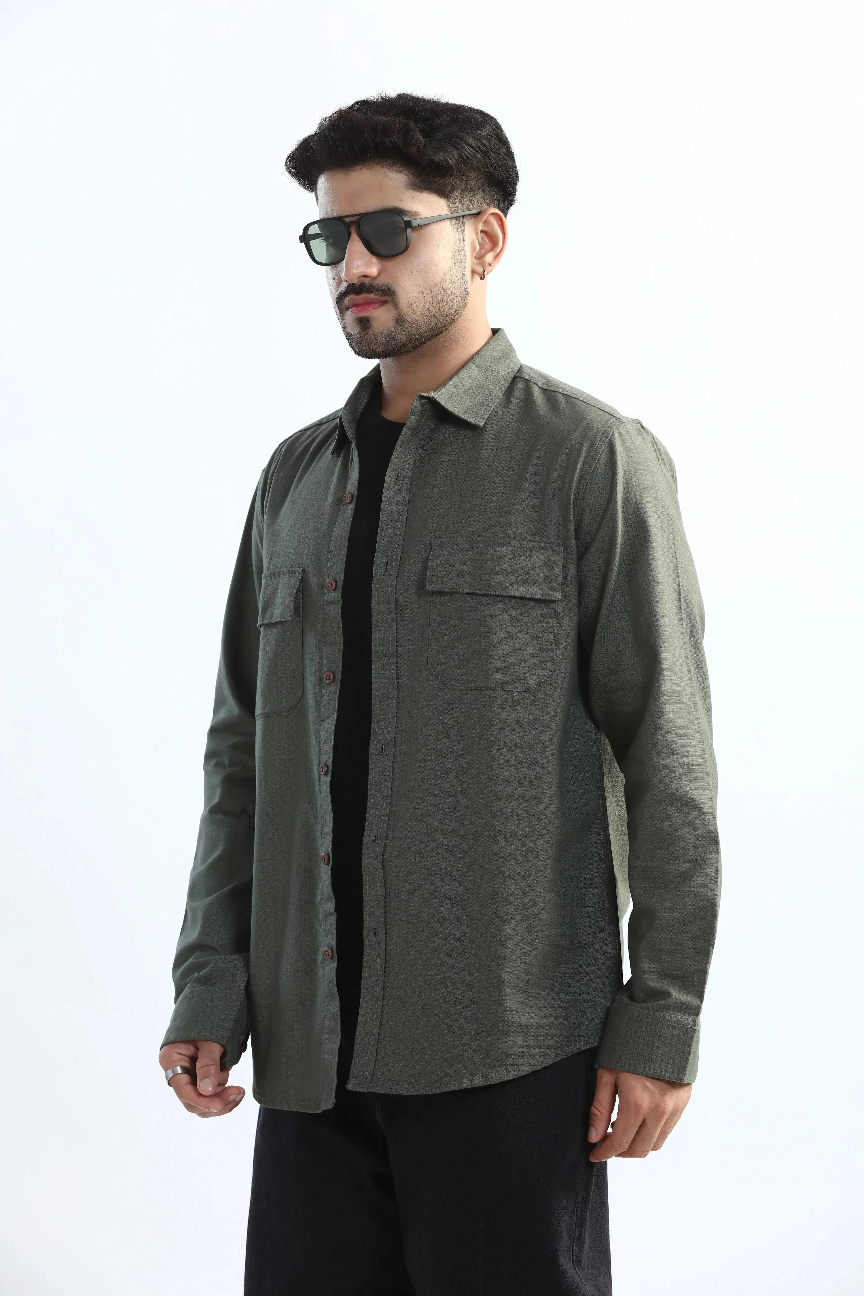 Xkind Dark Green Textured Regular Fit Shirt/ Overshirt