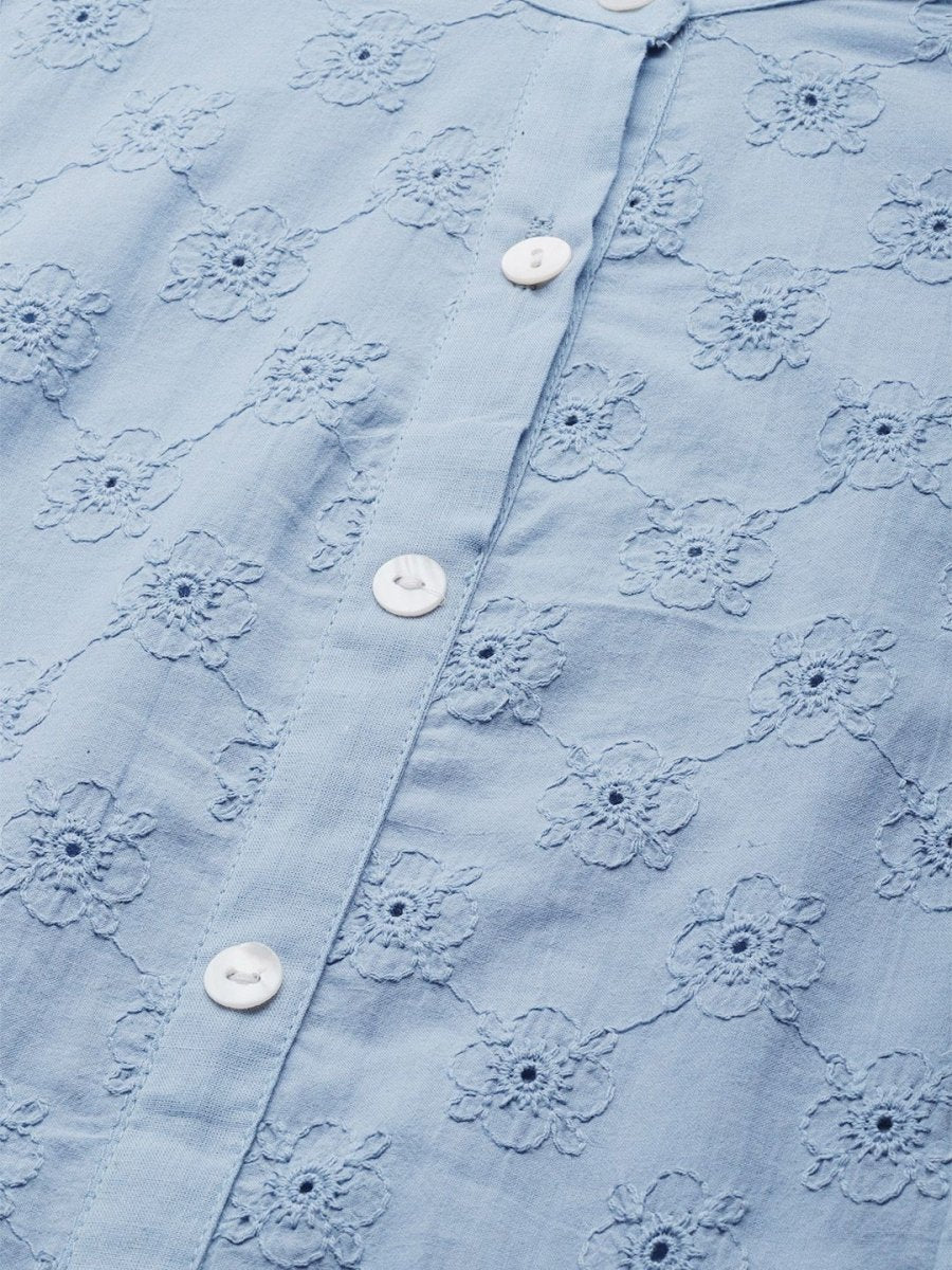 Anouk Women Blue Ethnic Motifs Embroidered Panelled Pure Cotton Kurta with Trousers - Distacart