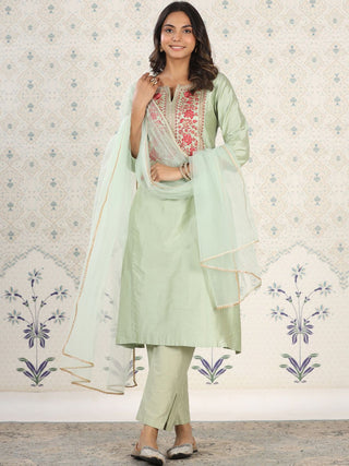 Ode by House of Pataudi Embroidered Gota Patti A-Line Kurta with Trousers and Dupatta - Distacart