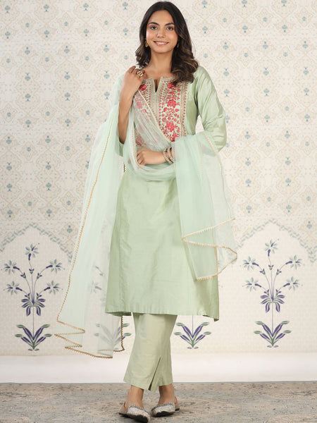 Ode by House of Pataudi Embroidered Gota Patti A-Line Kurta with Trousers and Dupatta - Distacart