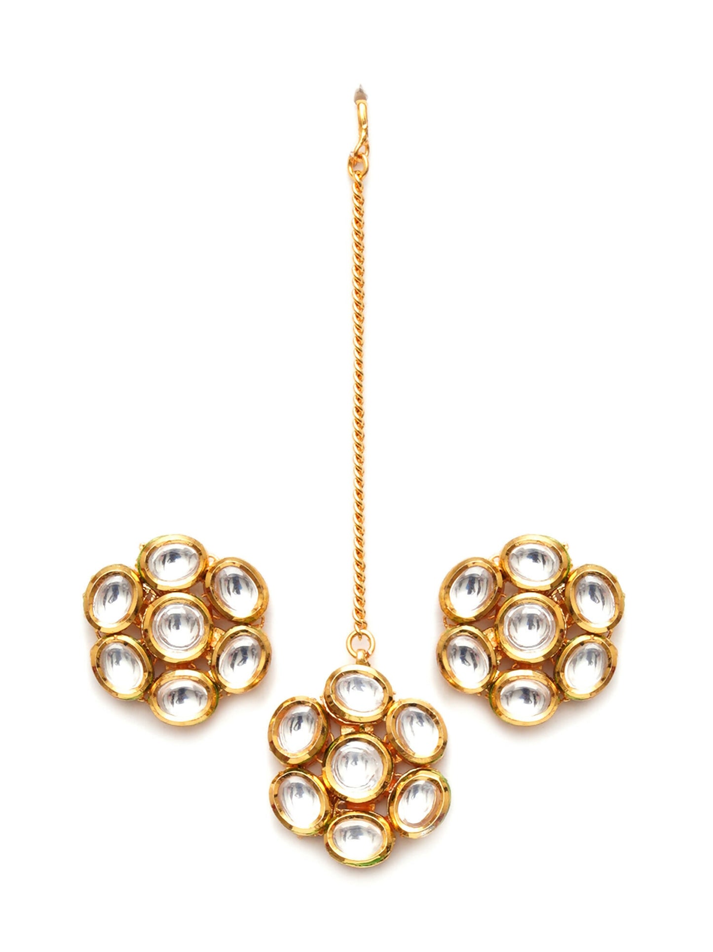 Kundan Round Maang Tikka with Studs Jewellery Set (Gold) - Ruby Raang - Distacart