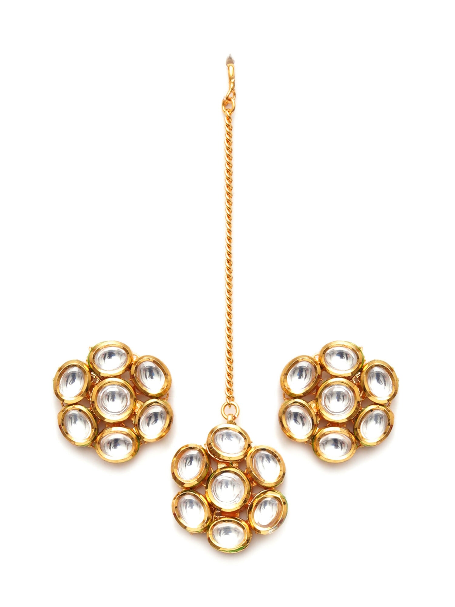 Kundan Round Maang Tikka with Studs Jewellery Set (Gold) - Ruby Raang - Distacart