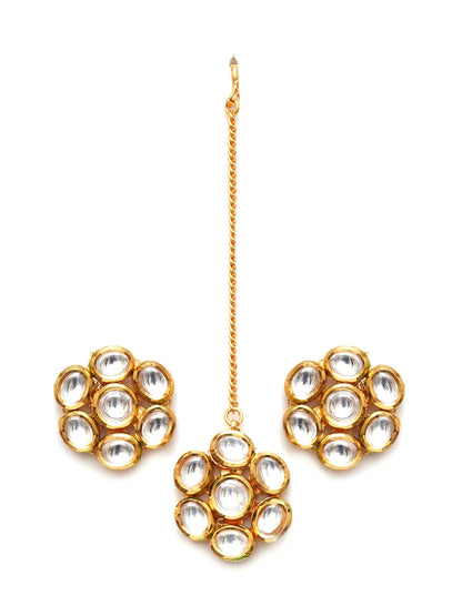 Kundan Round Maang Tikka with Studs Jewellery Set (Gold) - Ruby Raang - Distacart
