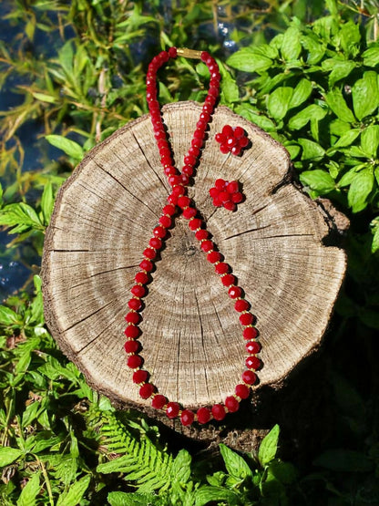 Inhanns Crystal Bloom – Single Line Necklace + Studs - Dark Red - Distacart