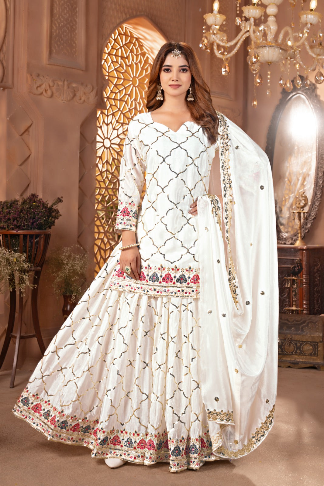 Yash Enterprise White Chinon Silk Embroidery Party Wear Suit Set