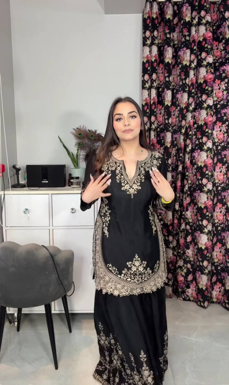 Yash Enterprise Black Chinon Silk Embroidery Party Wear Plazo Set