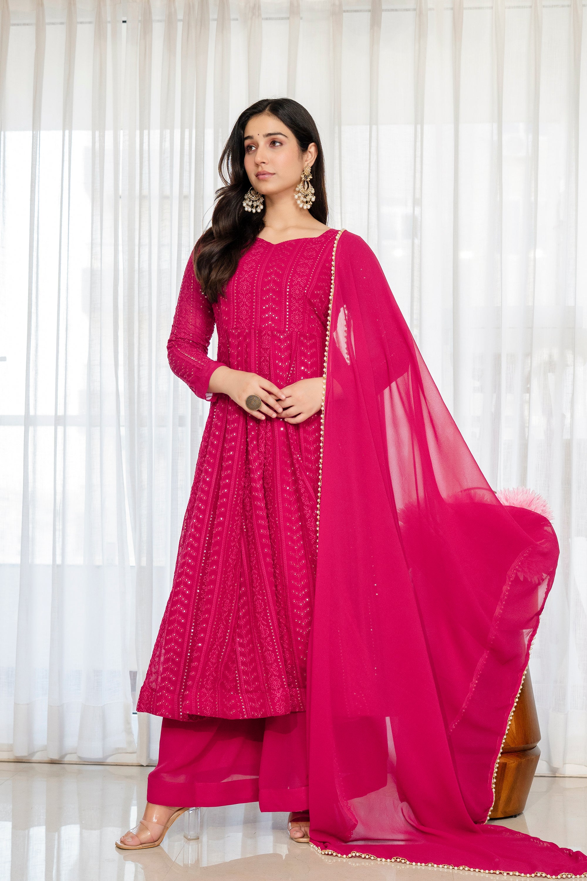 Yash Enterprise Rani Pink Blooming Silk Party Wear Embroidery Sharara Suit Set - Dista