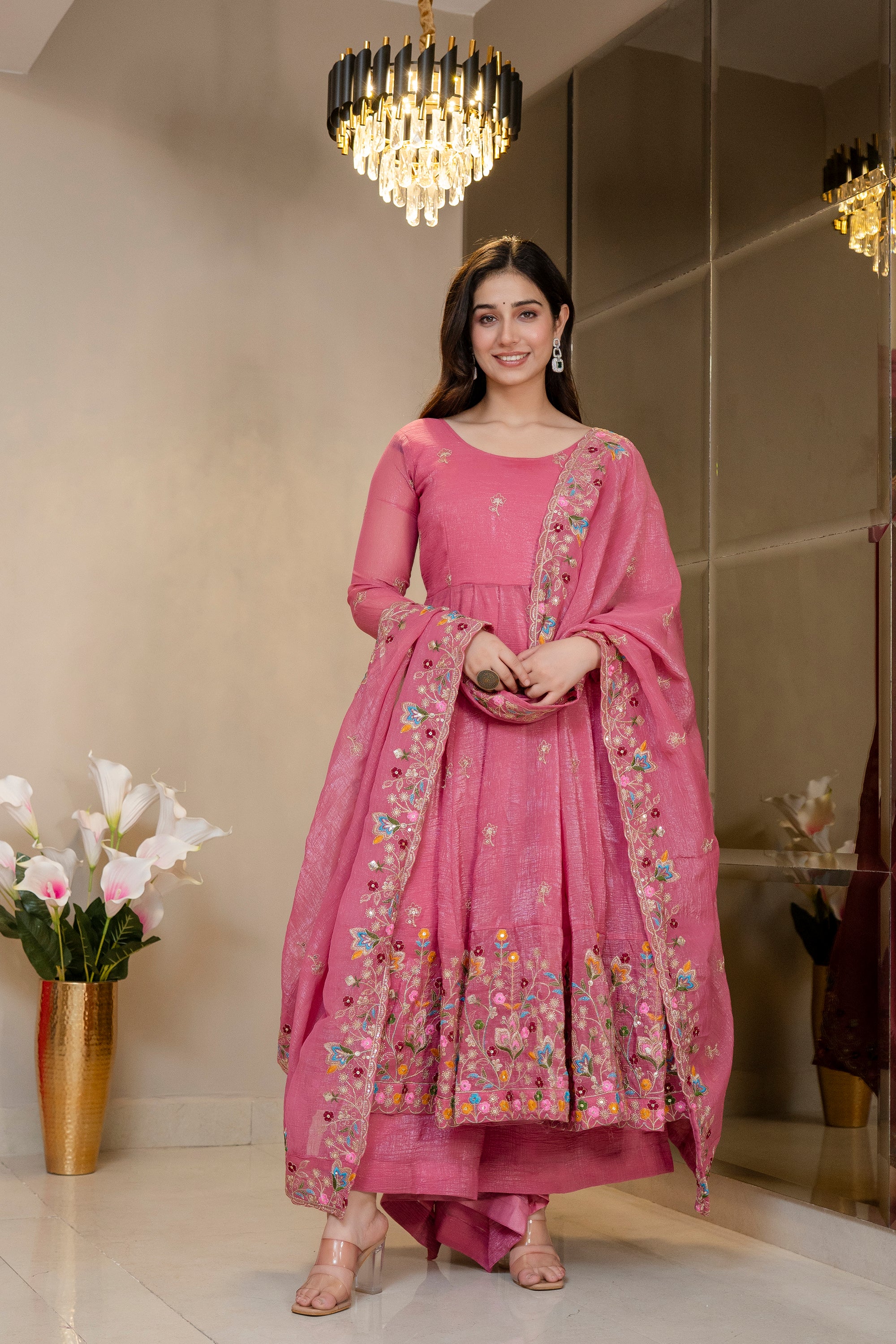 Yash Enterprise Dusty Rose Crunchy Silk Party Wear Embroidery Sharara Suit Set - Dista