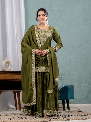 Yash Enterprise Green Chinon Silk Embroidery Party Wear Suit Set