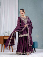 Thumbnail for Yash Enterprise Wine Chinon Silk Embroidery Party Wear Suit Set
