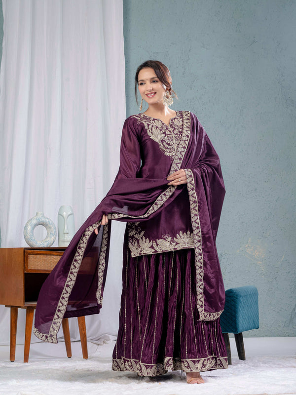 Yash Enterprise Wine Chinon Silk Embroidery Party Wear Suit Set