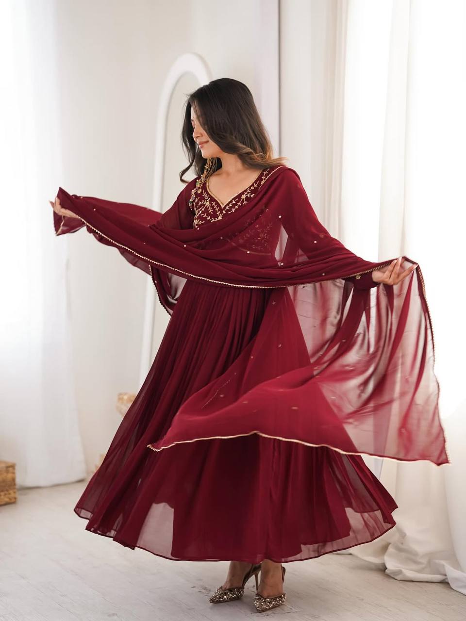 Yash Enterprise Maroon Faux Georgette Party Wear Embroidery Suit Set - Distacart