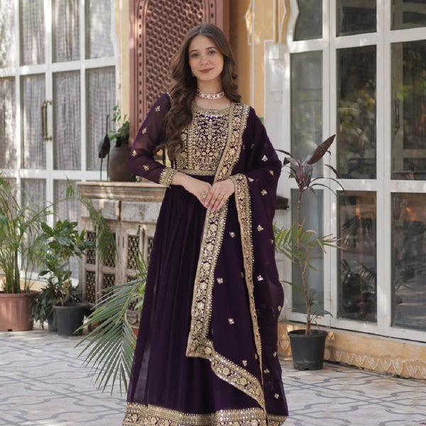 Yash Enterprise Wine Georgette Party Wear Embroidery Suit Set - Distacart