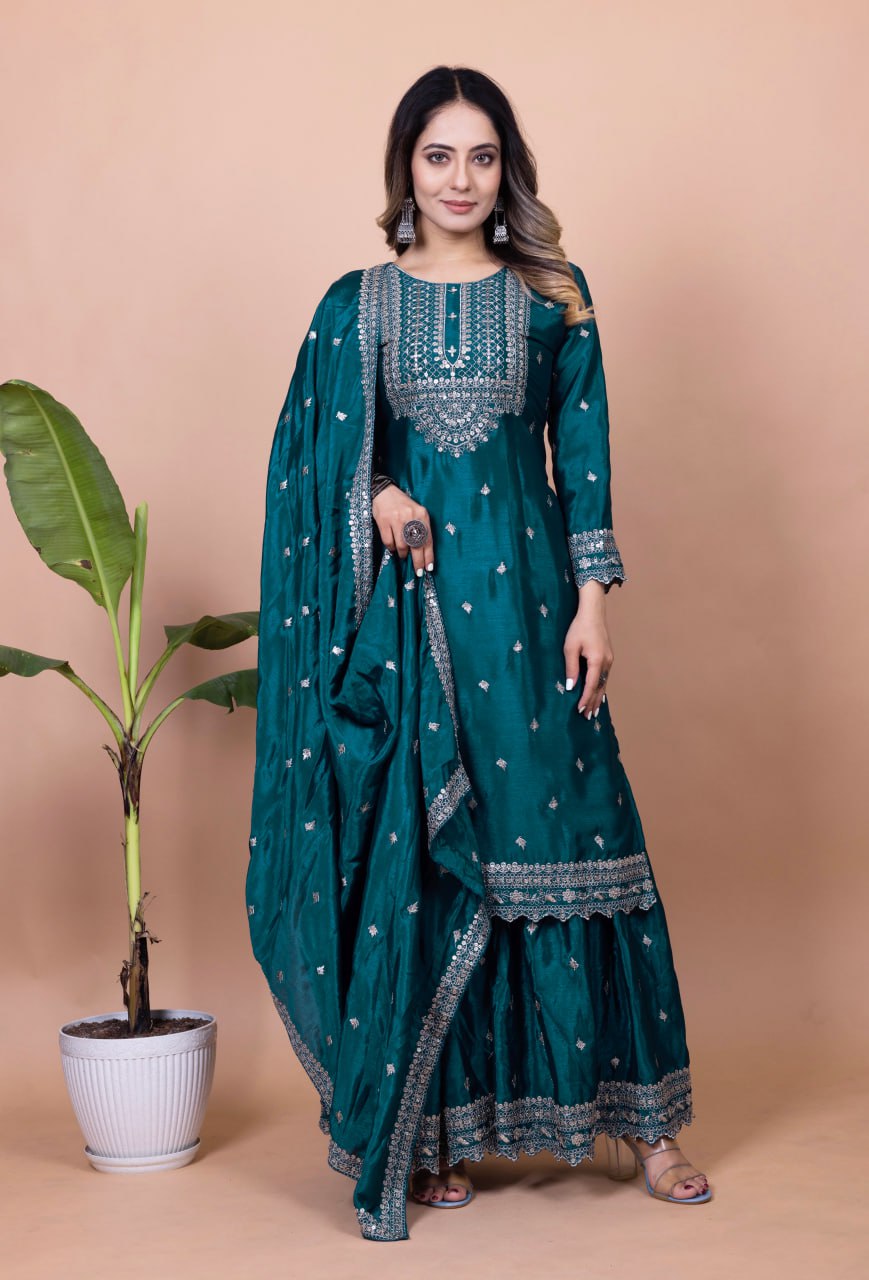 Yash Enterprise Rama Green Chinon Silk Embroidery Party Wear Suit Set