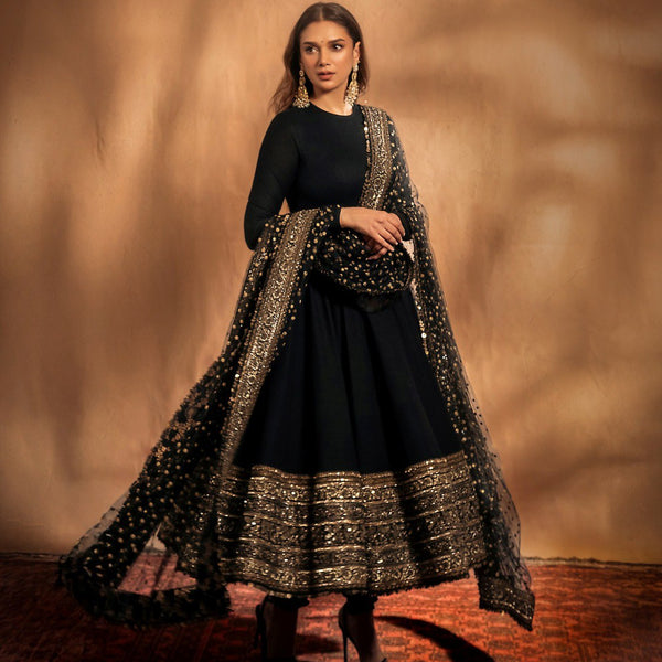 Yash Enterprise Black Rayon Cotton Embroidery Zari Sequins-Work Suit Set