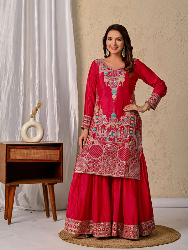Yash Enterprise Red Chinnon Silk Embroidery Party Wear Suit Set