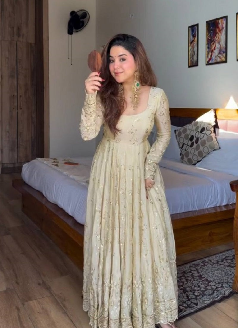 Yash Enterprise Cream Vichitra Silk Party Wear Embroidery Suit Set - Distacart
