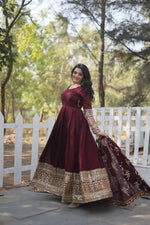 Thumbnail for Yash Enterprise Dark Maroon Vichitra Shimmer With Rich Sequins Embroidered Work Party Wear Suit Set Stitched