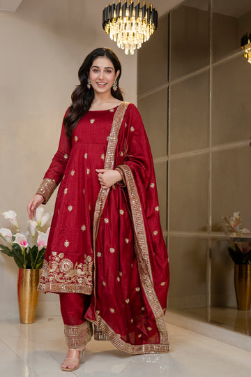 Yash Enterprise Maroon Simmar Silk Party Wear Embroidery Suit Set - Dista