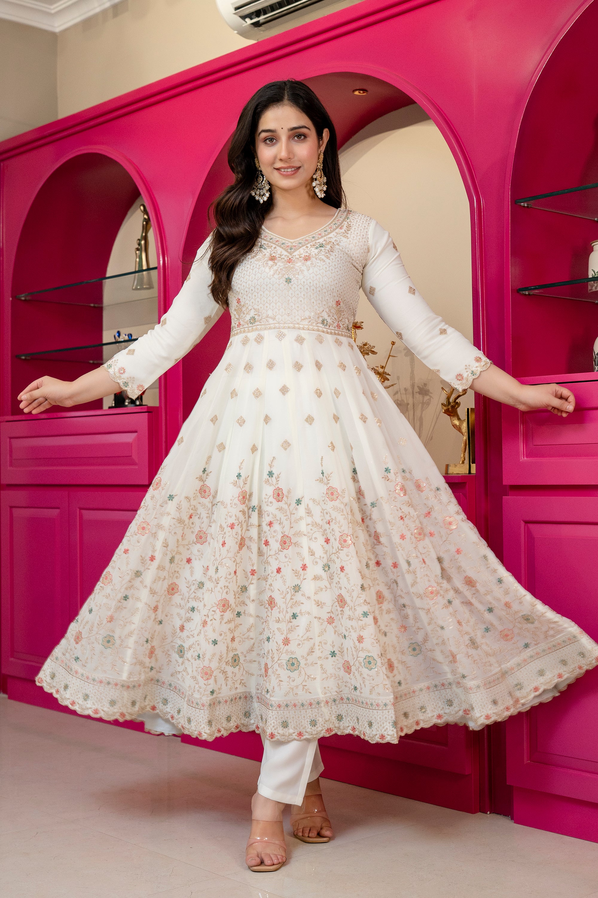 Yash Enterprise Off White Georgette Party Wear Anarkali Suit Set - Dista