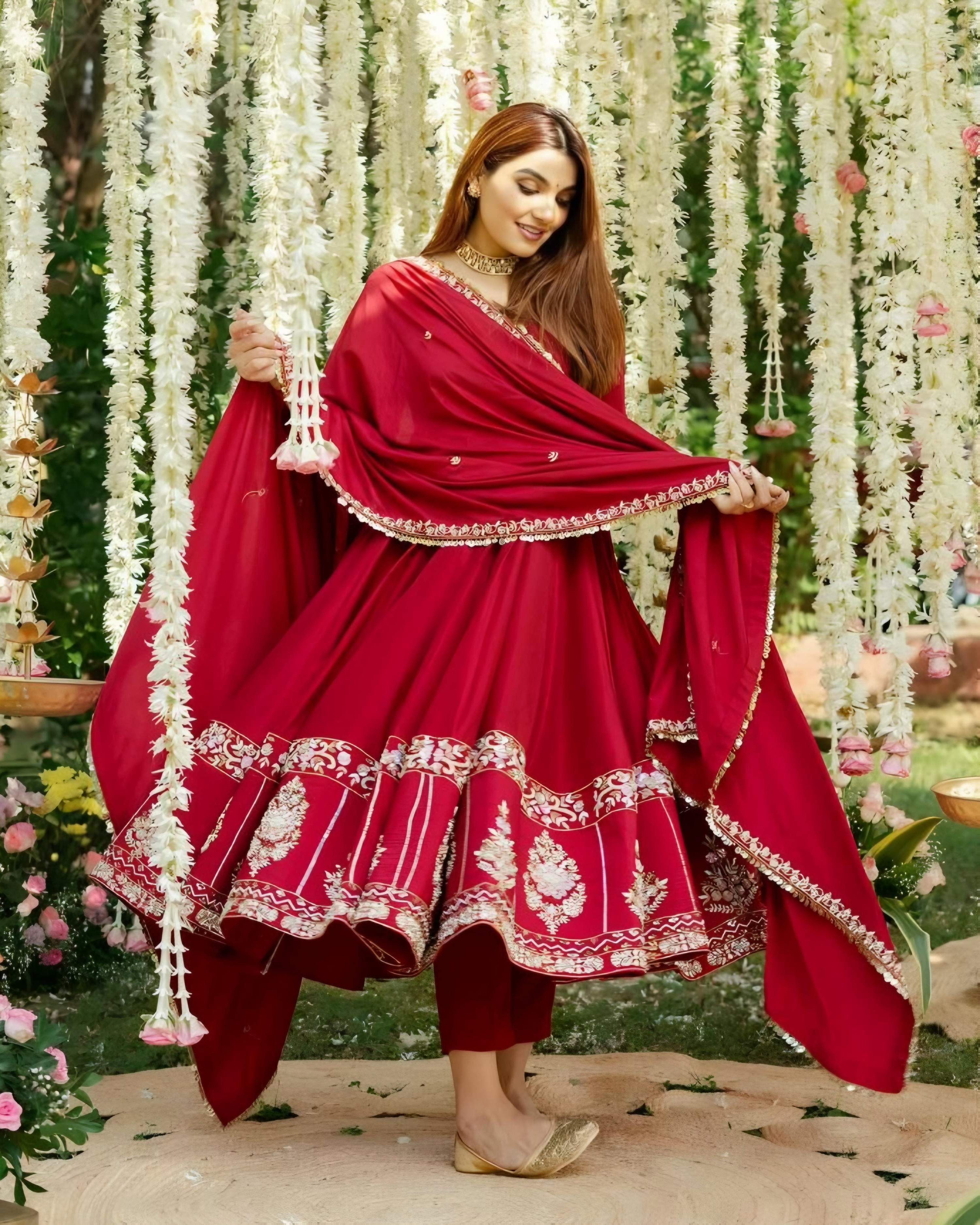 Yash Enterprise Red Roman Silk Embroidery Suit Set