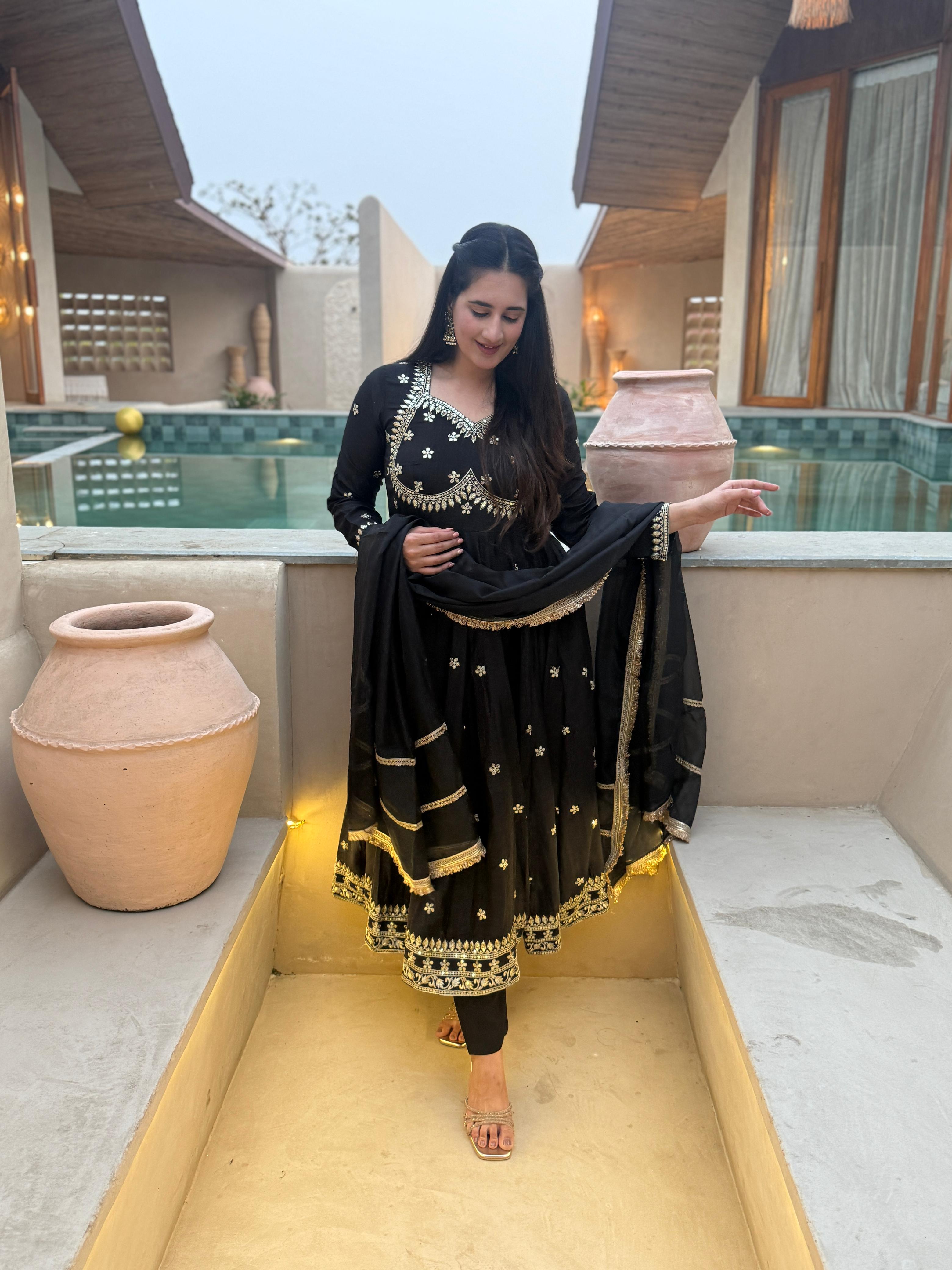 Yash Enterprise Black Vichitra Silk Party Wear Embroidery Suit Set - Distacart