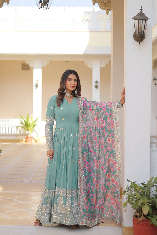 Yash Enterprise Sea Green Georgette Embroidered Long Kurti SetWith Multicolour Dupatta