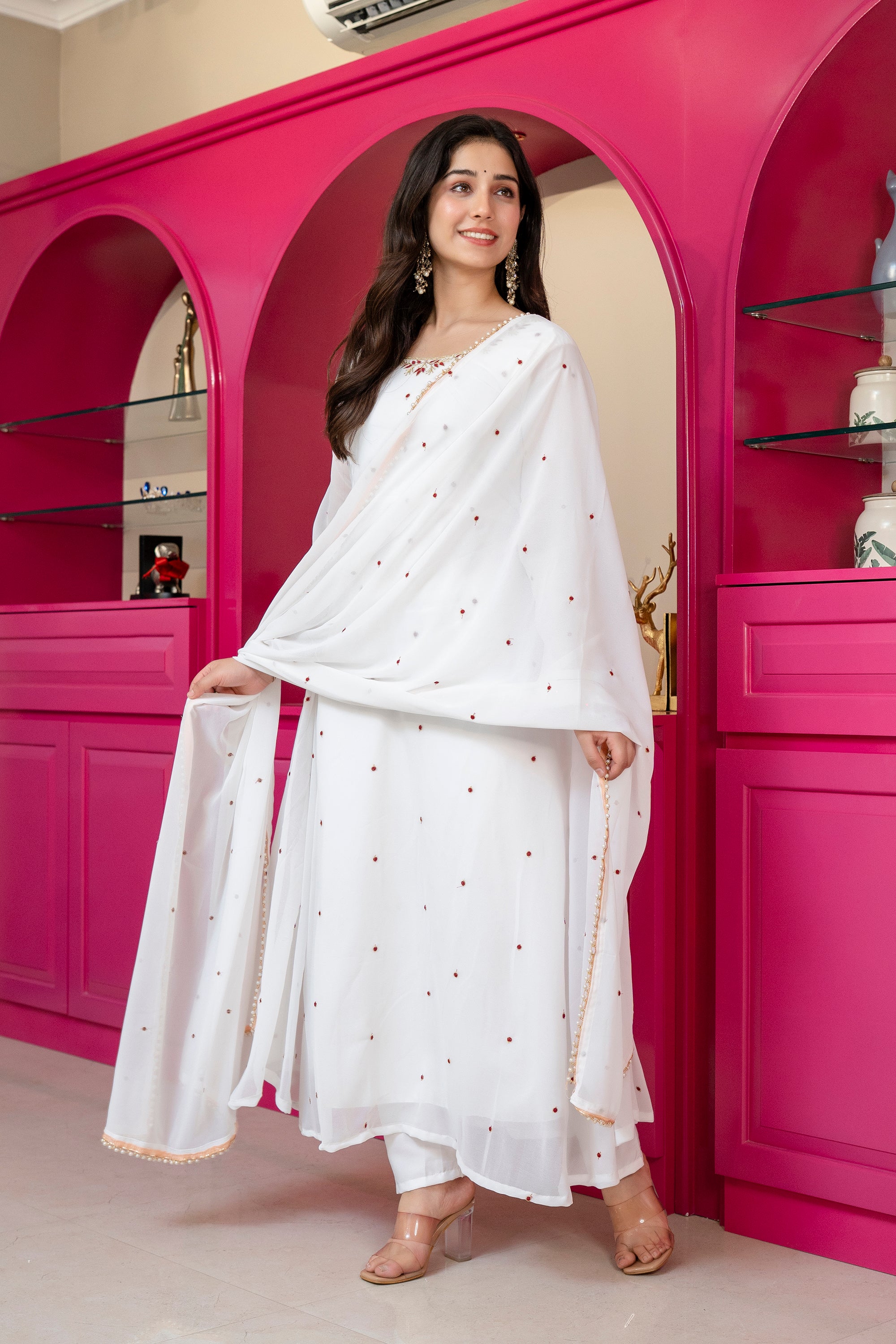 Yash Enterprise White Georgette Party Wear Embroidery Suit Set - Dista