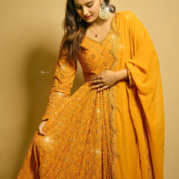 Yash Enterprise Beautiful Yellow Faux Embroidered Wedding Wear Gown With Dupatta