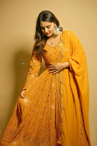 Yash Enterprise Beautiful Yellow Faux Embroidered Wedding Wear Gown With Dupatta