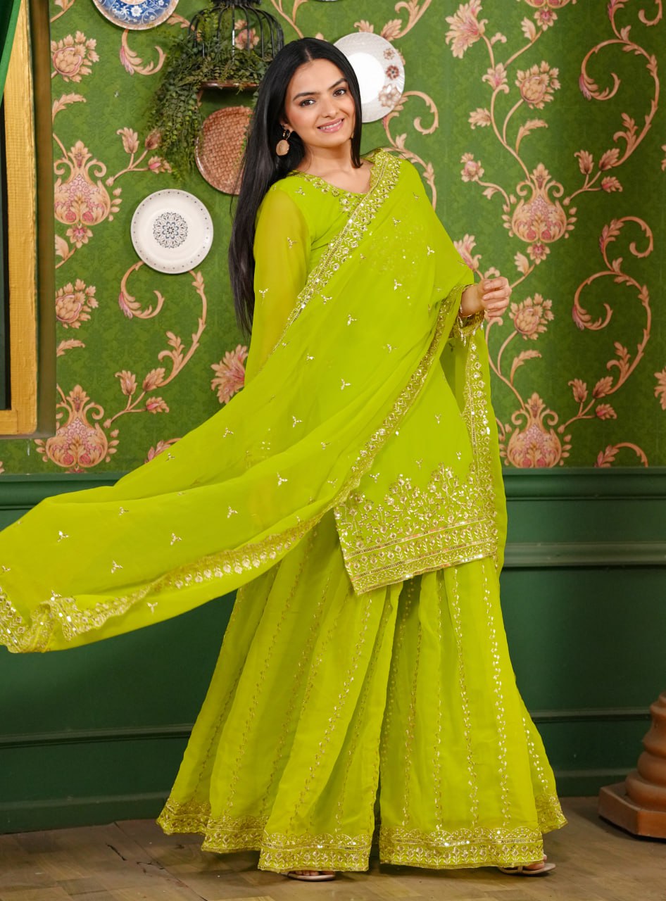 Yash Enterprise Green Georgette Party Wear Embroidery Party Wear Suit Set