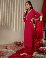 Thumbnail for Varanga Magenta Embroidered Kurta Paired With Straight Trouser And Digital Floral Printed Dupatta - Distacart