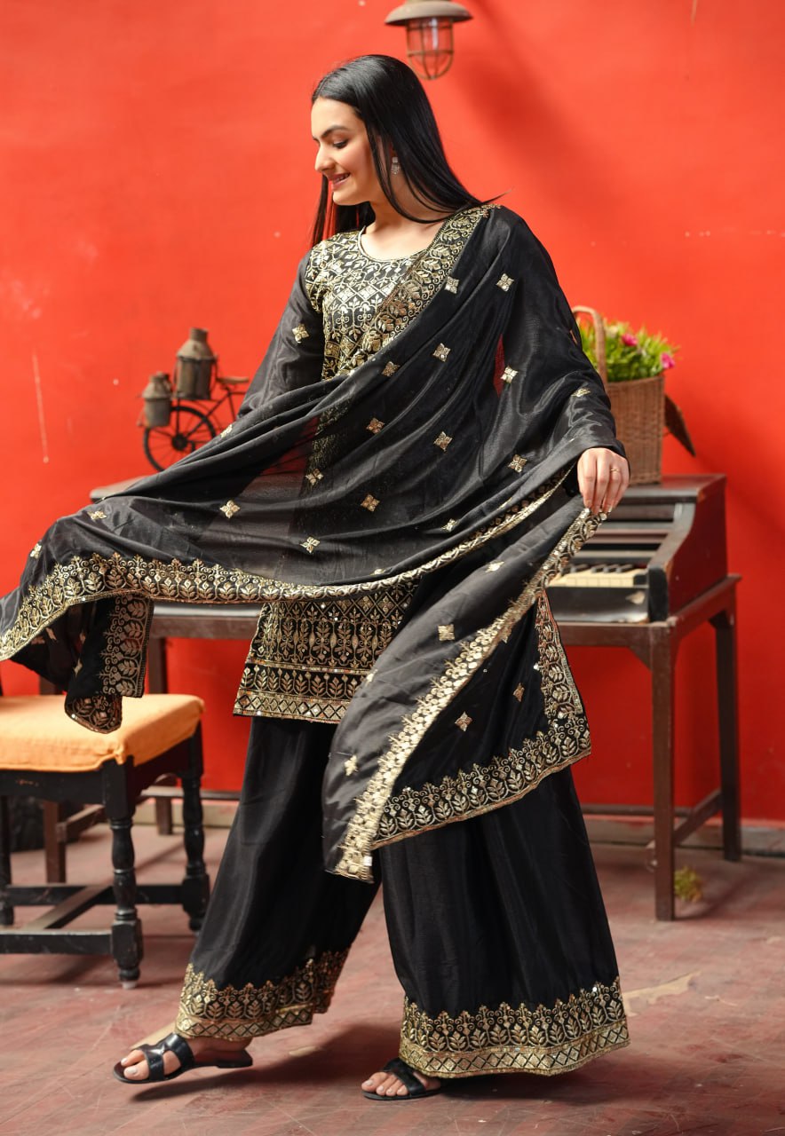 Yash Enterprise Black Chinon Silk Party Wear Embroidery Party Wear Suit Set