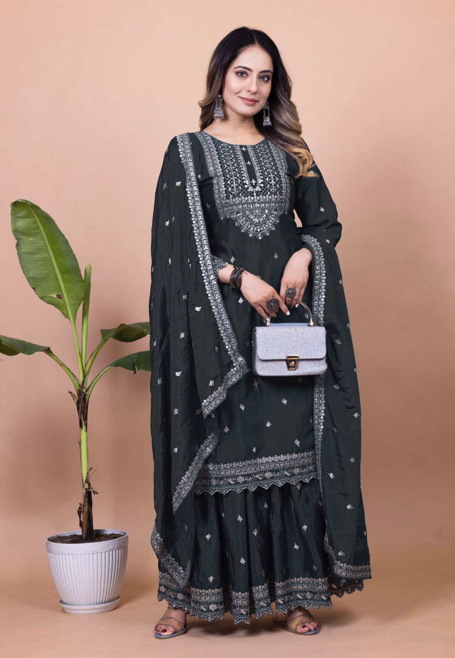 Yash Enterprise Black Chinon Silk Embroidery Party Wear Suit Set